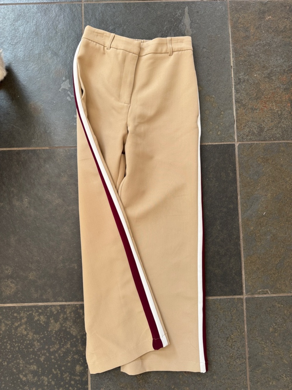 Zara Beige Dress Pants with White and Burgundy Side Stripes